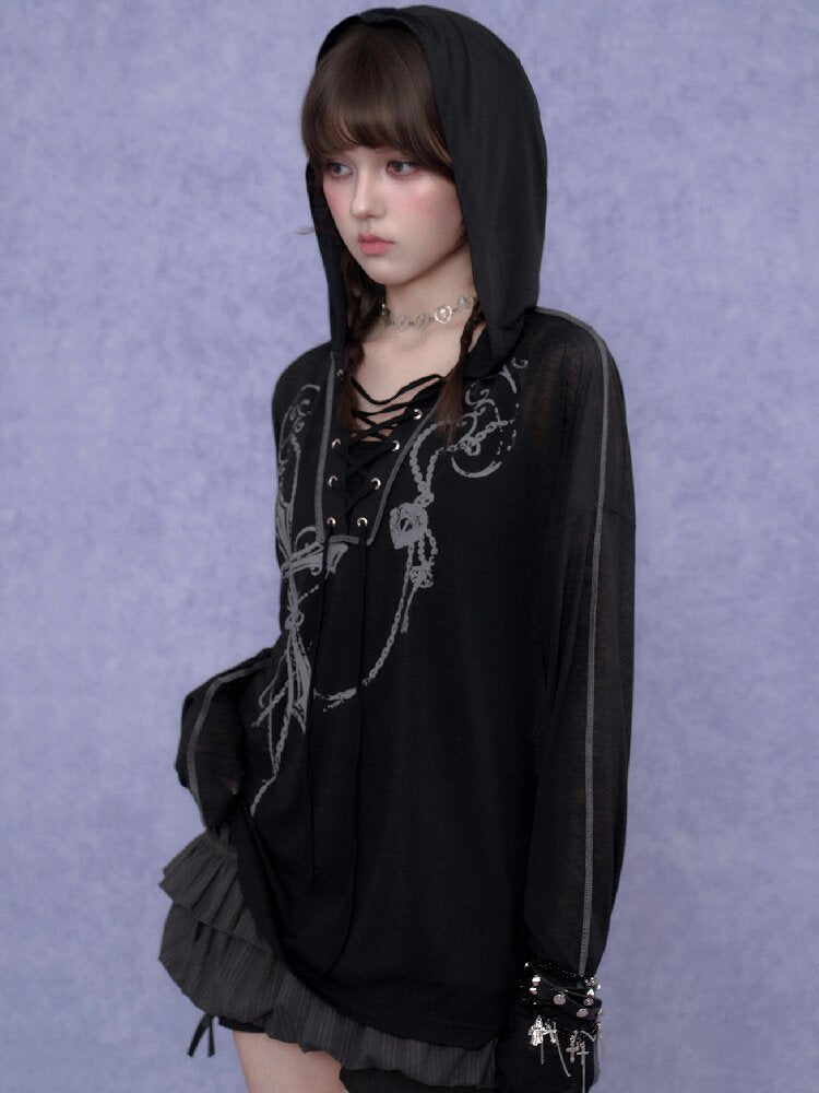 Dark Cross Print Strap Cardigan Hood【s0000017284】