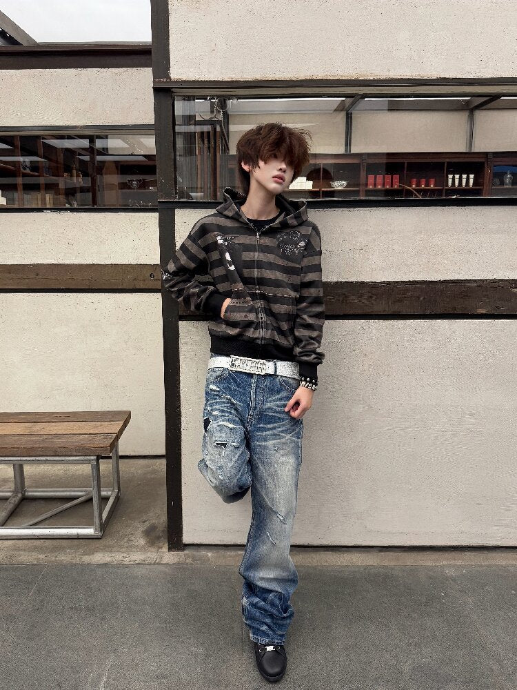 Striped Portrait Print Hooded Jacket【s0000019267】