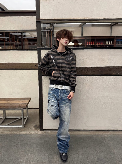 Striped Portrait Print Hooded Jacket【s0000019267】