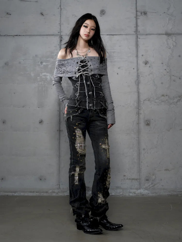 Rhinestone Off-Shoulder Long-Sleeve T-Shirt【s0000014118】