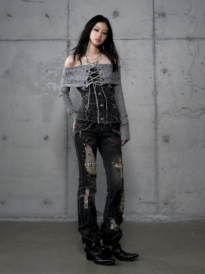 Rhinestone Off-Shoulder Long-Sleeve T-Shirt【s0000014118】