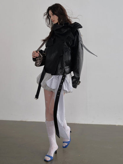 Ruffle Stand Collar PU Leather Jacket【s0000015696】
