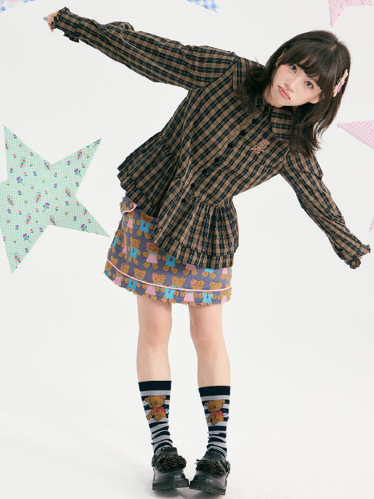 Plaid Embroidered Ruffled Shirt【s0000018726】
