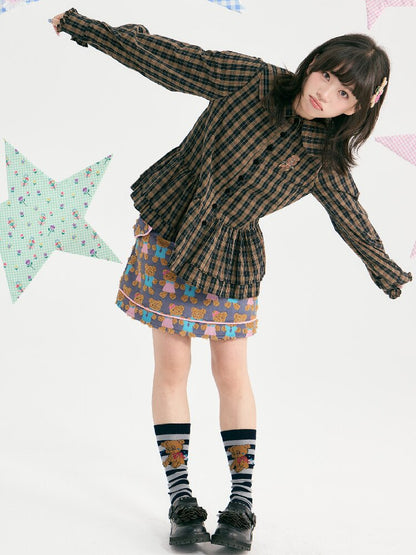 Plaid Embroidered Ruffled Shirt【s0000018726】