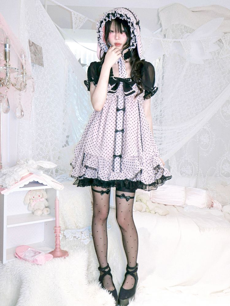 Polka dot strapless dress/chiffon bow jacket【s0000012689】