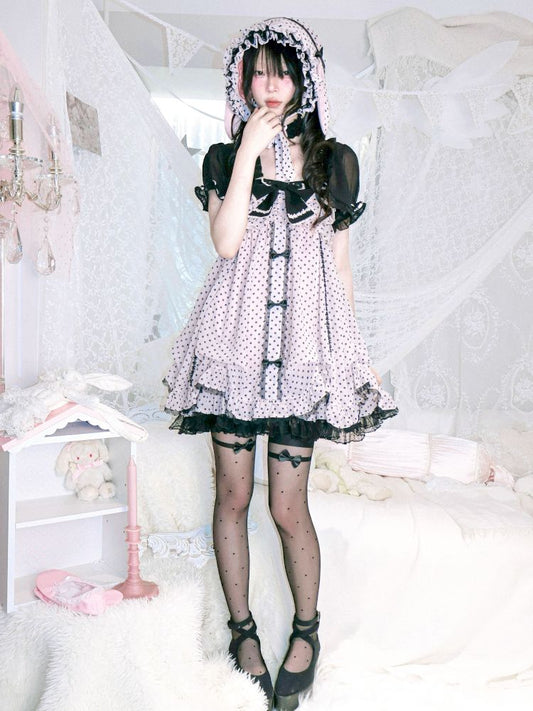 Polka dot strapless dress/chiffon bow jacket【s0000012689】