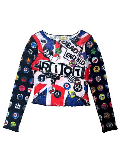 Y2K Millennium Print Long Sleeve Mesh Top【s0000014915】