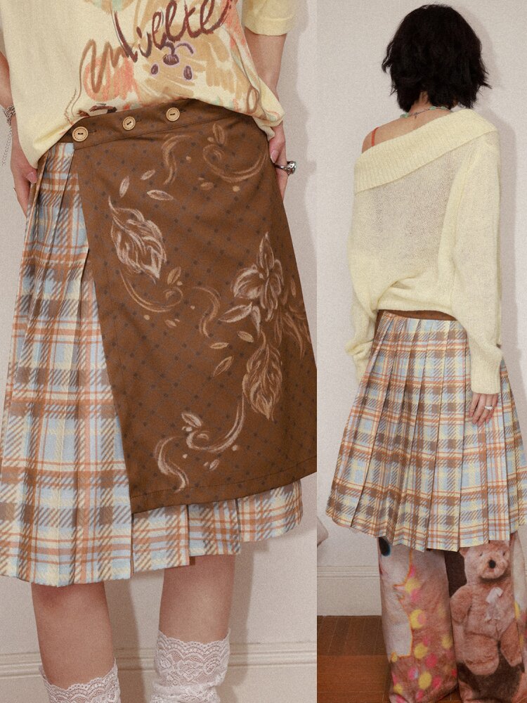 Plaid Flower Pleated Spliced Skirt【s0000015465】