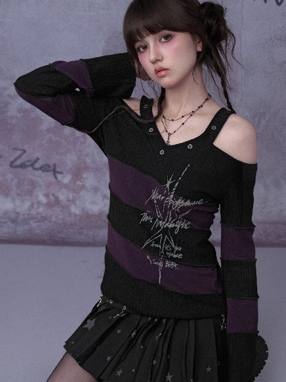 Stripe Contrast Knit V-Neck Top【s0000015759】