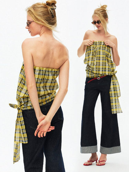 Striped Plaid Lace Up Bandeau Top【s0000015924】