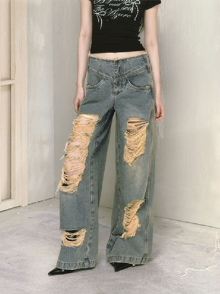 Wide-leg broken holes micro-laundry jeans【s0000012140】