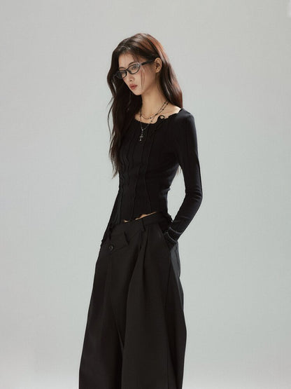 Black Panelled Split Line Top【s0000015598】