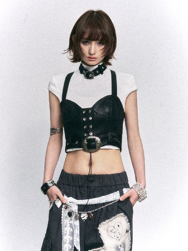 Punk Vintage Suspender T-shirt Two-piece Set【s0000015968】