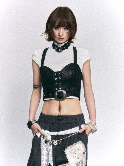 Punk Vintage Suspender T-shirt Two-piece Set【s0000015968】