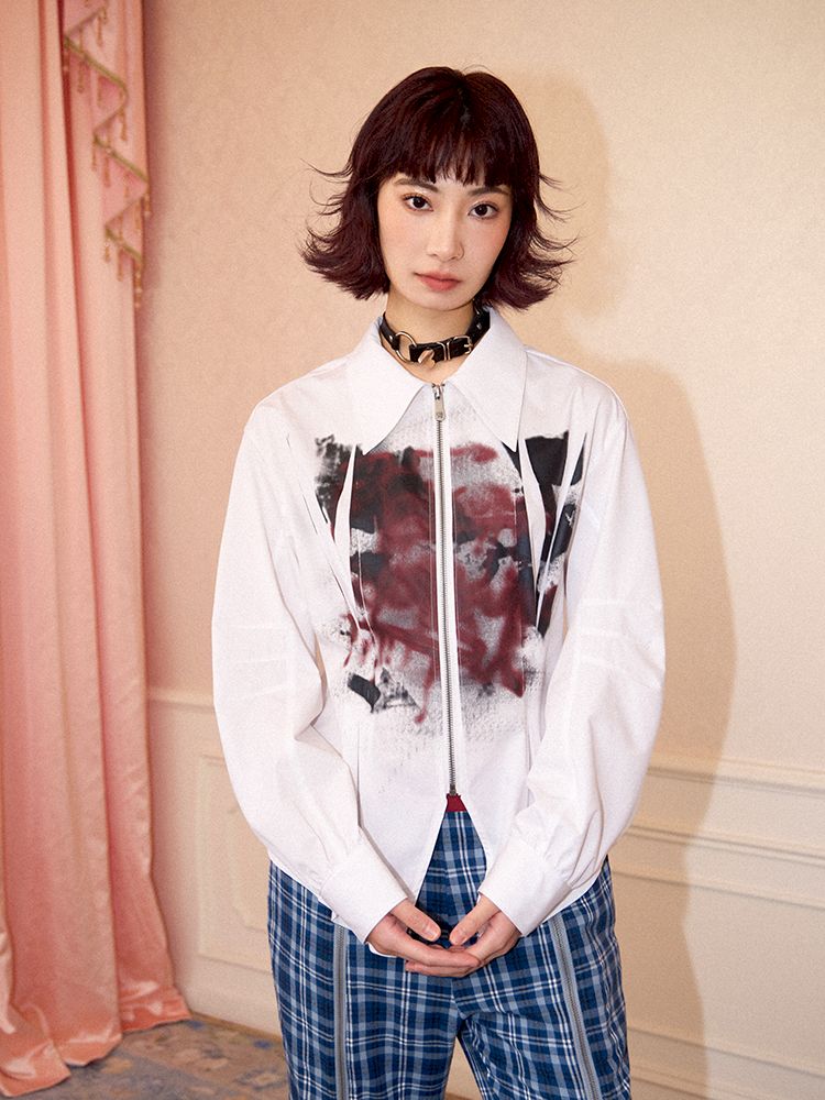 Drop Shoulder Waisted Printed Long Sleeve Shirt【s0000011641】