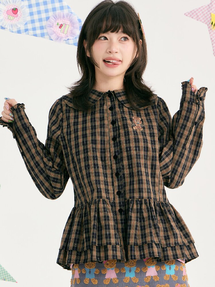 Plaid Embroidered Ruffled Shirt【s0000018726】