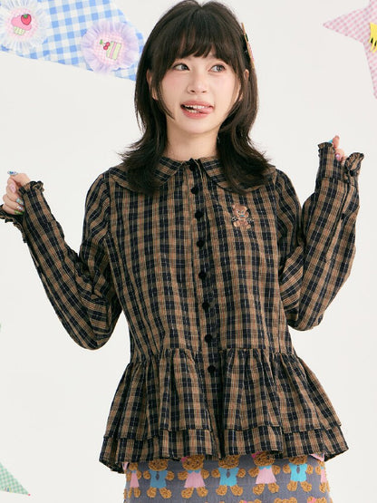 Plaid Embroidered Ruffled Shirt【s0000018726】