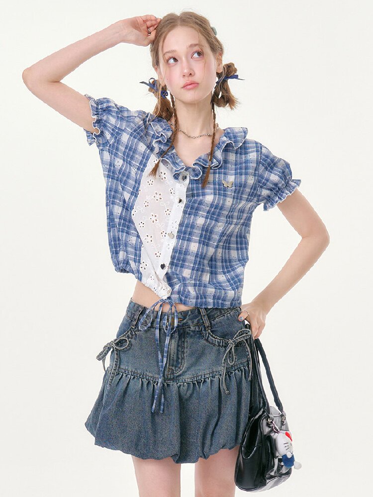 Plaid Splicing Hollow Shirt【s0000016618】