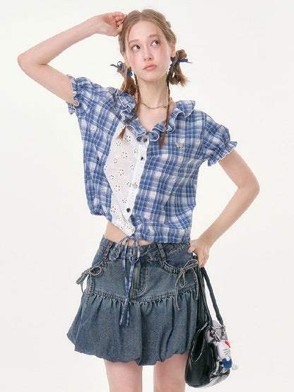 Plaid Splicing Hollow Shirt【s0000016618】
