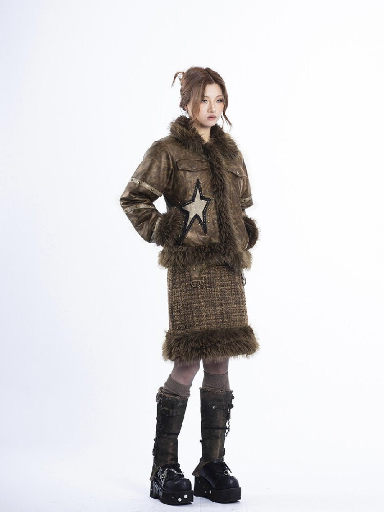 Patchwork PU Fur Rivet Skirt Set【s0000018047】
