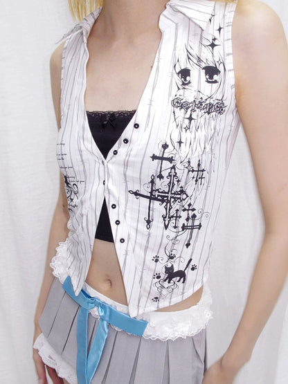 Doodle Print Fake Two Piece Shirt Vest【s0000013872】