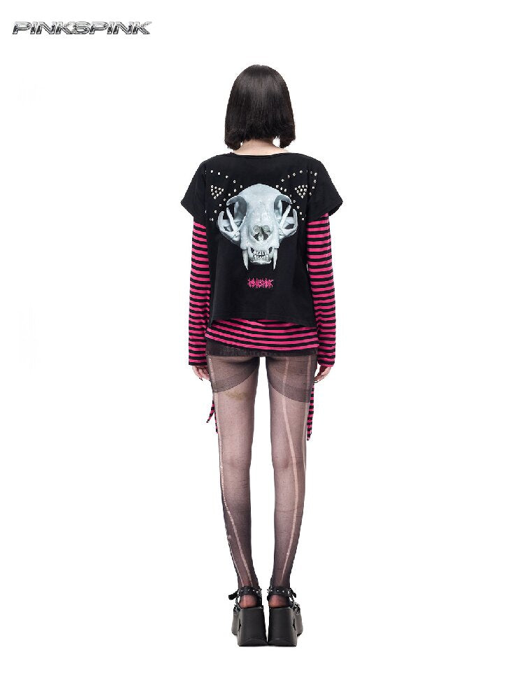 Cat Bone Print Riveted T-Shirt【s0000017714】