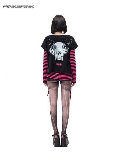 Cat Bone Print Riveted T-Shirt【s0000017714】
