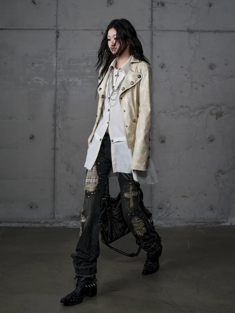 Distressed Straight-Leg Slim-Fit Jeans【s0000013946】