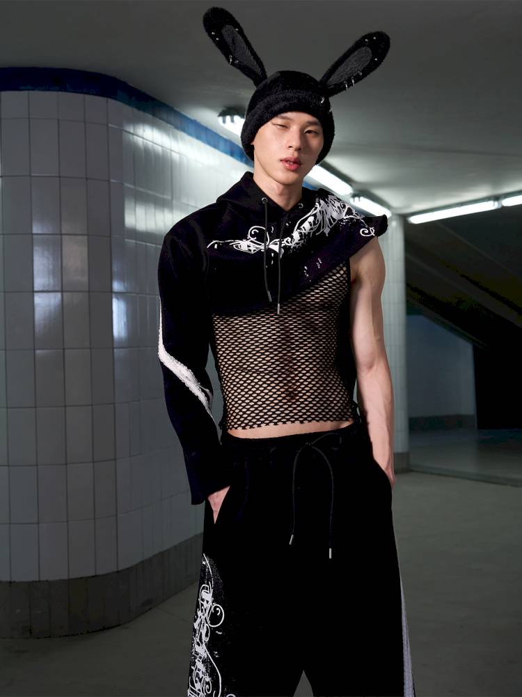 Splatter-Printed Lace-Trimmed Faux Two-Piece Hoodie【s0000014418】