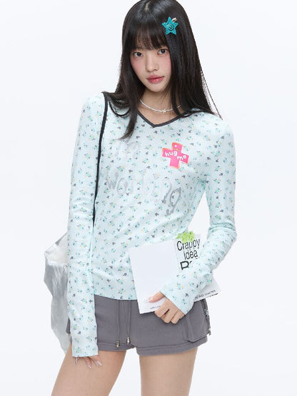 Full Print V Neck Long Sleeve Top【s0000016406】