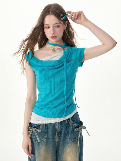 Blue Ripples Patchwork Short T Shirt【s0000017268】
