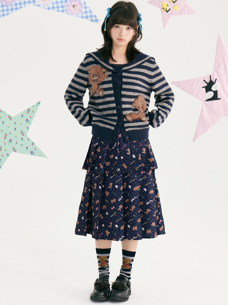 Striped Bear Navy Collar Cardigan【s0000018724】