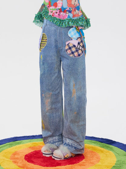 Hand Painted Patchwork Cotton Jeans【s0000016189】