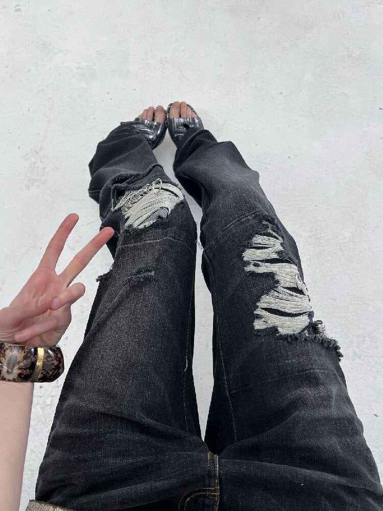 Low Waisted Black Ripped Jeans【s0000016564】