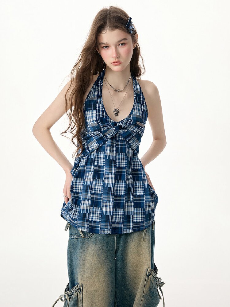 Plaid Twisted Halter Camisole【s0000017309】