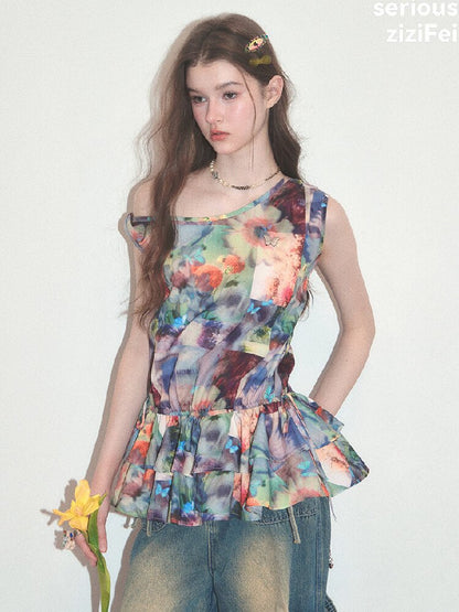 Summer Ruffle Oil Painting Vest【s0000017748】
