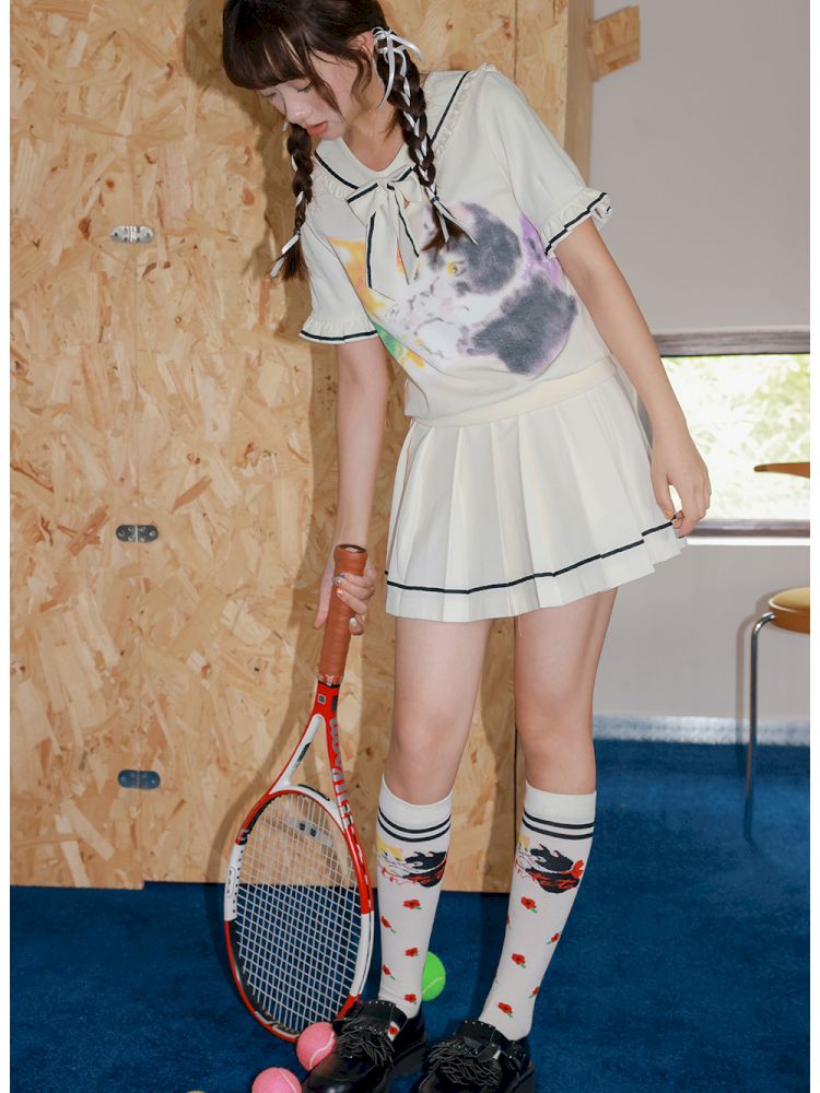 White kitten floral calf socks【s0000013343】