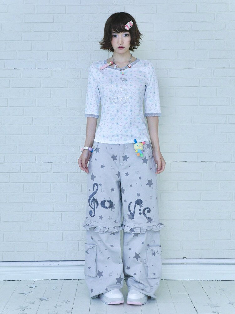 Embroidery Star Wide Leg Pants【s0000017129】