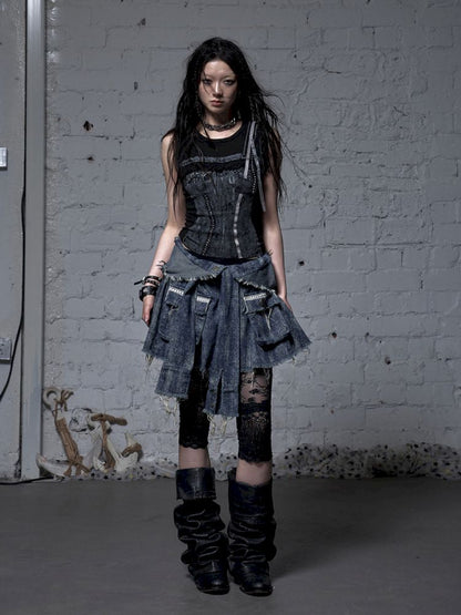 Hooded washed denim shirt dress skirt【s0000012784】