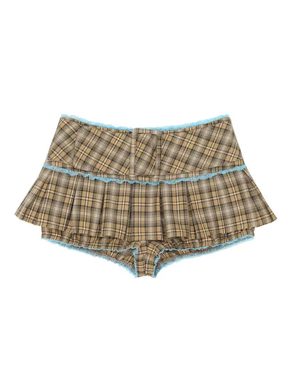 Plaid Lace Pleated Skirt Pants【s0000009418】