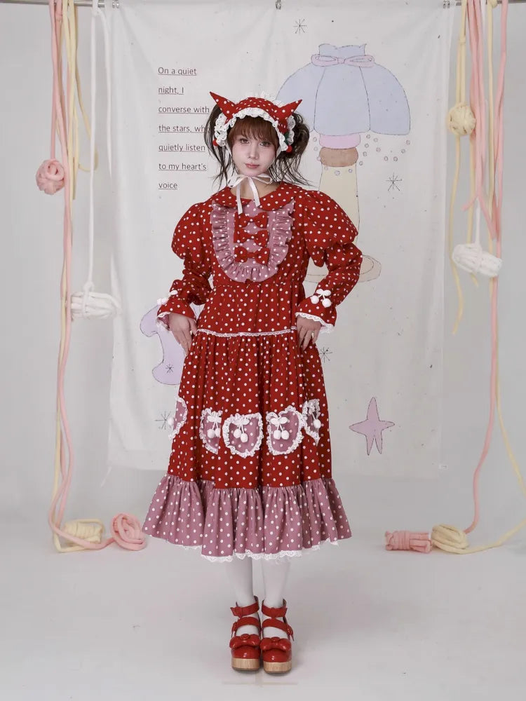 Lolita old-fashioned red polka dot niche dress【s0000014109】