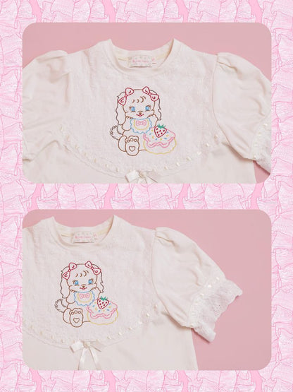 Lace Ribbon Bubble Sleeve T-Shirt【s0000012014】