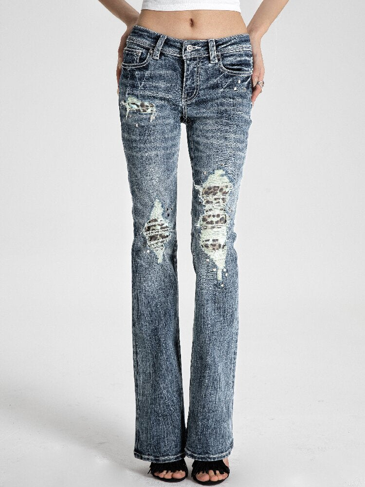 Washed Leopard Print Ripped Denim Pants【s0000018558】