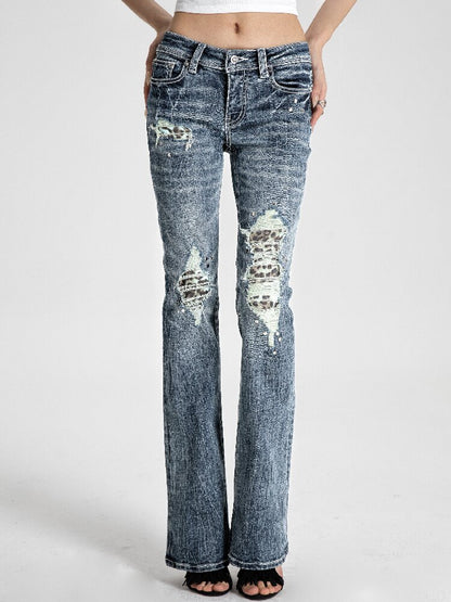 Washed Leopard Print Ripped Denim Pants【s0000018558】