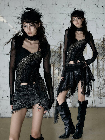 Sequin Webbing Mesh Long Sleeve Top【s0000016984】