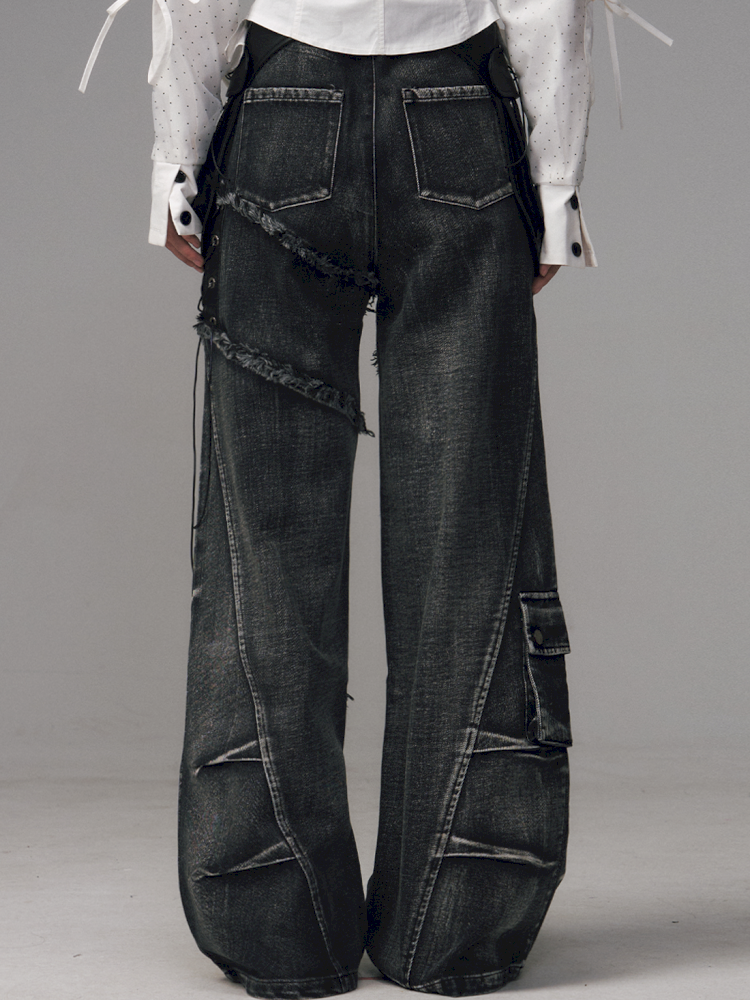 Raw-Edge Washed Distressed Riveted Pants【s0000014453】