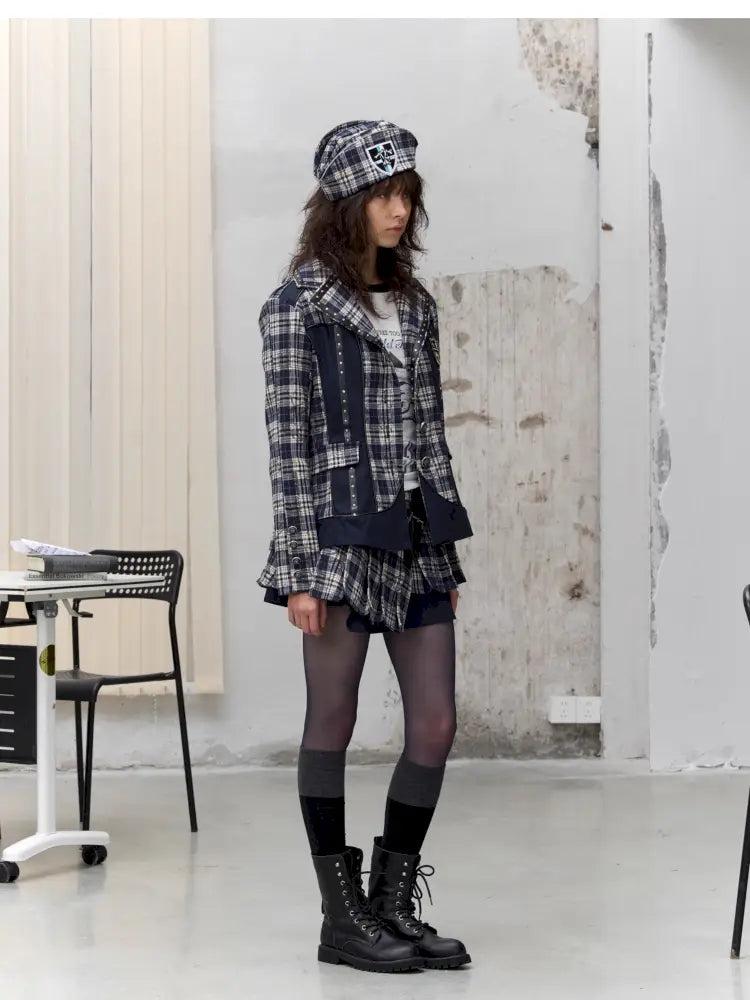 College Punk Badge Plaid Blazer【s0000014204】