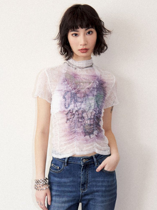 Slim short-sleeved printed tops【s0000012272】