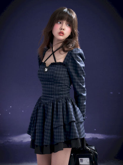 Check Neck Cake Dress【s0000011659】