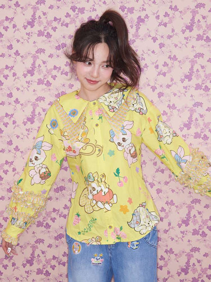 Yellow Ruffled Critter Print Shirt【s0000015032】